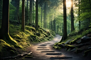 Pathway winding through a serene forest landscape