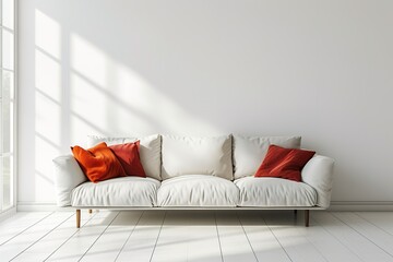 Comfortable couch with orange and red pillow in spacious living room interior, real photo with copy space on the empty white wall - obrazy, fototapety, plakaty