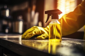 Woman using microfiber cloth and spray bottle to clean electric stove in kitchen, closeup shot