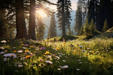 Peaceful forest meadow with wildflowers swaying in the breeze
