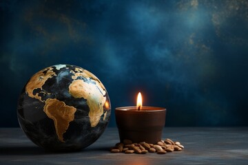 Burning candle on dark table with dimly lit planet earth in background, atmospheric ambiance