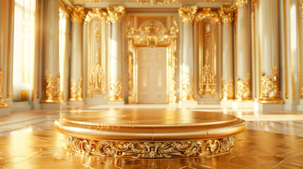 A gold room with a gold pedestal in the center. The room is very ornate and has a very luxurious feel to it - obrazy, fototapety, plakaty