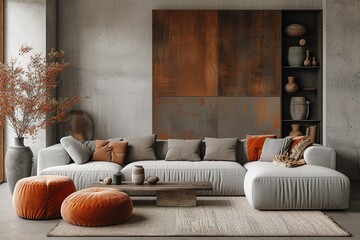 Contemporary style interior with sofas, decorations, and a wall panel made of wood and stone. mockup for an illustration.