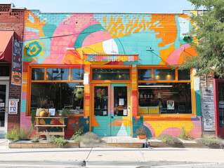Obraz premium A colorful building with a mural on the side. The mural is of a tree and has a lot of different colors. The building is a store with a sign that says 