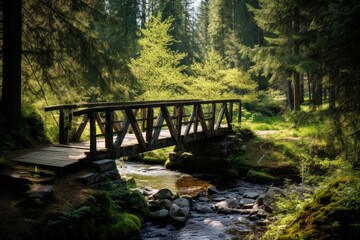Quaint wooden bridge spanning a quiet forest stream