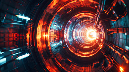 Fototapeta premium A tunnel with a bright light at the end. The tunnel is filled with wires and lights. The light is orange and red