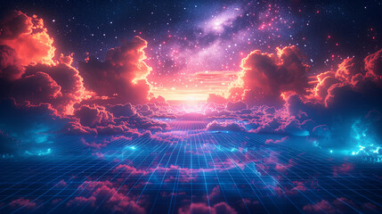 Naklejka na ściany i meble Synthwave vaporwave retrowave cyber background with copy space, laser grid, starry sky, blue glow.