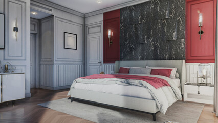 The corner of the stylish master bedroom has red walls, a wooden floor, a double bed on a gray carpet, two bedside tables with books and plants, and a large window,  Gray sofa . 3d rendering