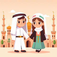 Cute cartoon arabian muslim couple boy and girl lovers illustration.