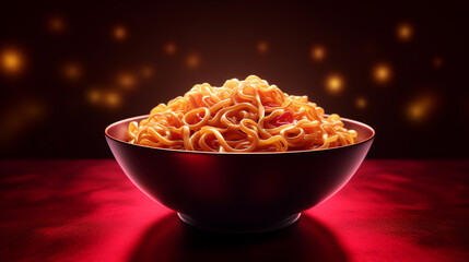 A  image of a bowl of ramen noodles on a deep maroon background.