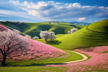 Rolling hills painted with the colors of spring blossoms