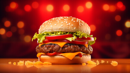 A  image of a classic cheeseburger on a vibrant red background.