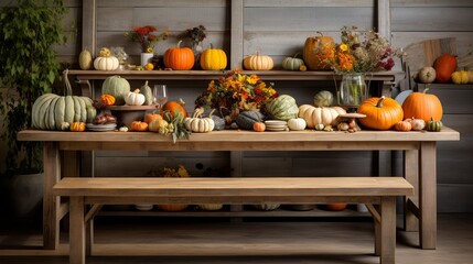 Rustic farmhouse table adorned with pumpkins, gourds, and autumn leaves, creating a cozy and inviting scene
