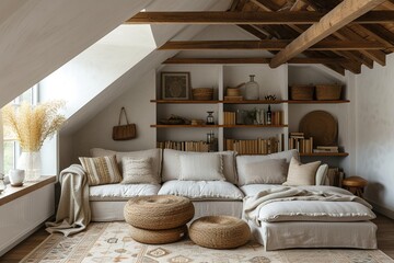 Fototapeta na wymiar Corner sofa against shelving unit, scandinavian home interior design of modern living room in attic in farmhouse.