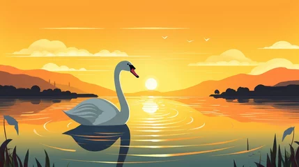 Fotobehang Minimalistic illustration of a serene sunrise scene over a beautiful summer lake © Aliaksandra