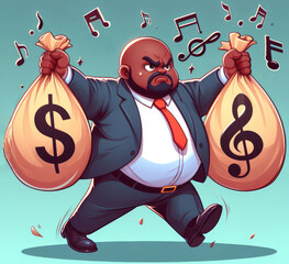 Angry black fat Businessman holding bags of money in his hand, on one sign of dollar, on the other musical key, rights to music, money vs music