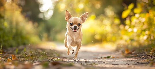 A small chihuahua dog runs happily ahead. Outdoor