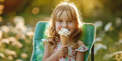 little girl on a green folding chair in the home garden, wearing a summer dress, eats ice cream - obrazy, fototapety, plakaty