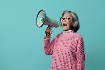 Side view of old Asian woman holding megaphone screaming on turquoise background