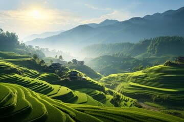 Serene countryside view with terraced paddy fields in varying stages of growth