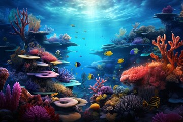 Naklejka na ściany i meble Serene underwater scene with coral reefs and fish for a captivating background