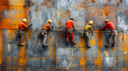 Workers working on a rusty steel wall. Industrial background. Copy space.