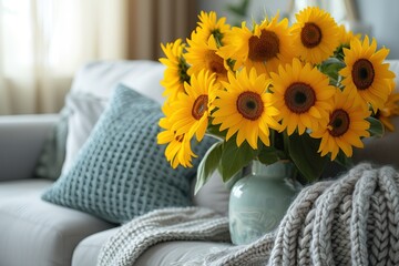 Cozy grey sofas and vase with beautiful sunflowers in interior of light living room - Powered by Adobe