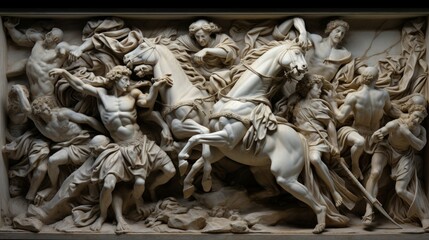 Marble relief of heroic battle warriors in fierce combat with detailed armor - obrazy, fototapety, plakaty