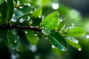 Fototapeta na wymiar Fresh Dew Drops On Leaf HD Wallpaper, Dew Drops And Leaf Macro Photography. 