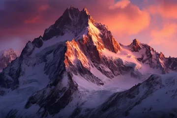 Poster Towering peaks bathed in alpenglow during a serene alpine sunset © KerXing