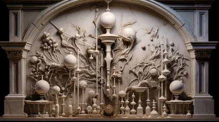 Fotobehang Ancient alchemical lab in marble relief detailed symbols ongoing experiments © javier