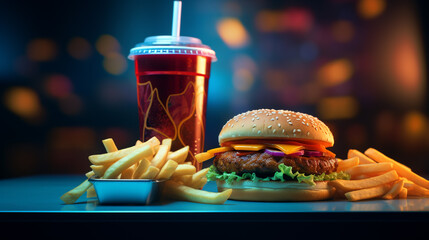 A  image of a fast-food combo meal with a burger, fries, and a soft drink, epitomizing quick and indulgent dining.