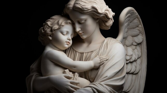 Guardian angel statue serenely cradles child aura of protection