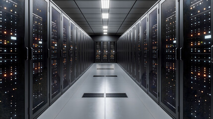 Server room data center. Backup, mining, hosting, mainframe, farm and computer rack - obrazy, fototapety, plakaty