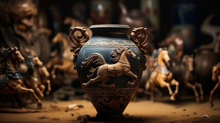 Greek amphora adorned with images of mythical creatures detailed artistry - obrazy, fototapety, plakaty