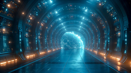 Futuristic corridor with glowing lights, 3d rendering toned image - obrazy, fototapety, plakaty