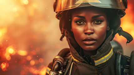 A striking portrait of dark-skinned female firefighter, her gaze reflects courage and resilience amid the flames. Women's professions
