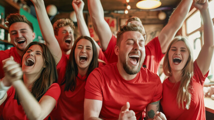 Young sport fans screaming while supporting their team watching Euro 2024 - Football supporters having fun while wearing red t-shirts - Event and betting concept - Models by AI generative