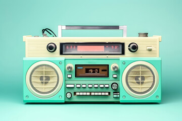Retro outdated portable stereo boombox radio cassette recorder from 80s front turquoise background