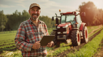 Mature farmer man working at agriculture field while using digital tablet during sunset - Male agricultor using modern technology - Model by AI generative