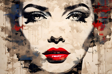 Beautiful woman face collage of newspaper clippings with red lips, black and white color