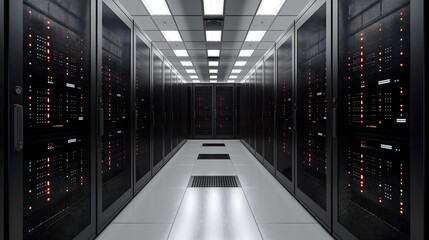 Server room data center. Backup, mining, hosting, mainframe and computer rack with storage information. 3d render - obrazy, fototapety, plakaty