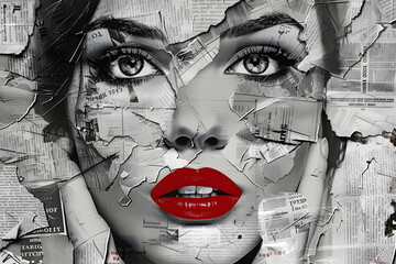 Beautiful woman face collage of newspaper clippings with red lips, black and white color