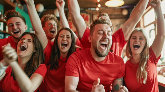 Young sport fans screaming while supporting their team watching Euro 2024 - Football supporters having fun while wearing red t-shirts - Event and betting concept - Models by AI generative