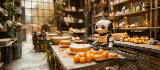 Artificial intelligence robot in a bakery shop - obrazy, fototapety, plakaty