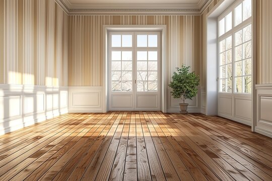 empty living room with vintage oak floor and striped vinyl wallpaper