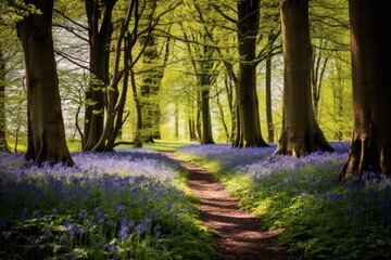 Tranquil woodland with a carpet of bluebells in bloom