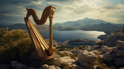Greek lyre in Elysian Fields enchanting heroes and mythical beings - obrazy, fototapety, plakaty