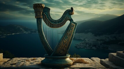 Elysian Fields vibrantly backdrop an ancient Greek lyre enchanting mythical listeners - obrazy, fototapety, plakaty