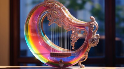 Greek lyre in iridescent bubble rainbow-resonating music delights celestial beings